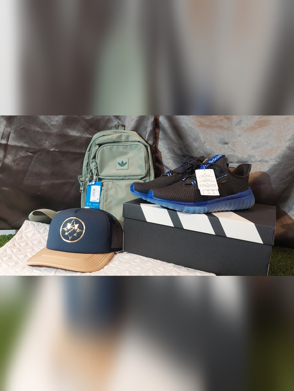 Adidas Mint Green Mini Backpack with Black/Blue Sneakers